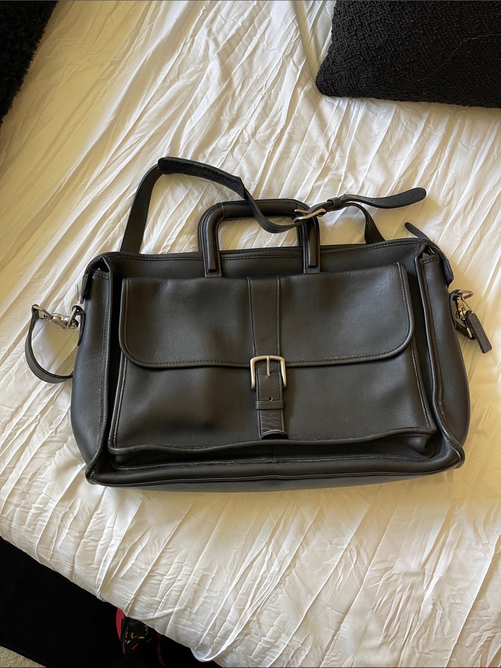 Coach Black Leather Men's Briefcase with Front Buckle Pocket